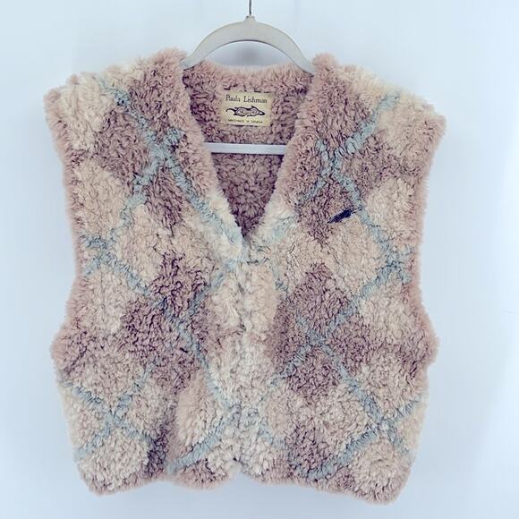 Paula Lishman beaver fur argyle knit button up V-neck vest - Picture 1 of 8